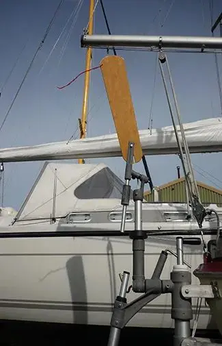 Aft view of the S 500 auxiliary rudder system ready for bluewater sailing